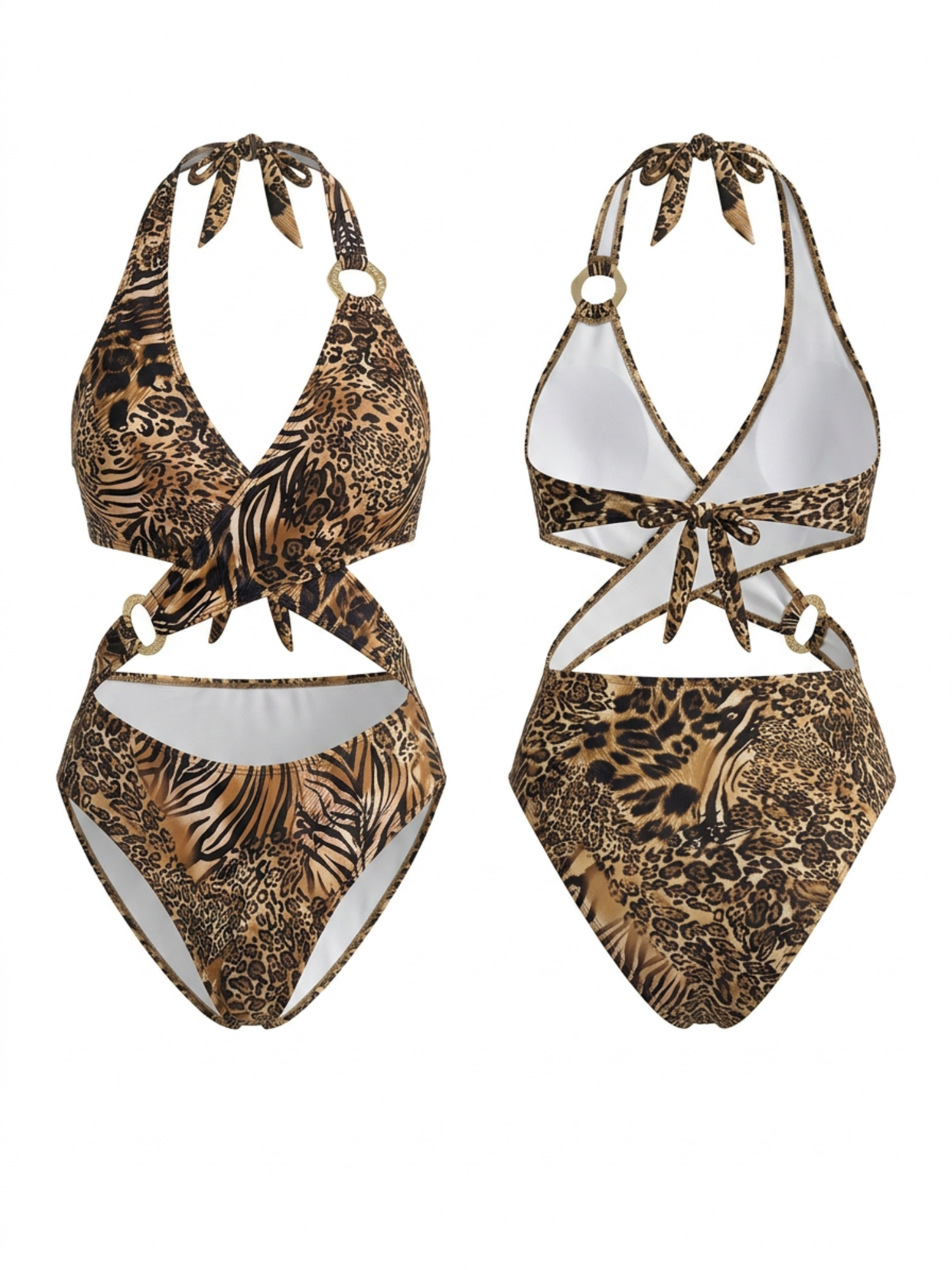 Animal Print Halter Cutout One-Piece