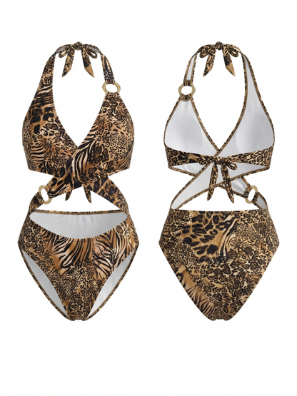 Animal Print Halter Cutout One-Piece