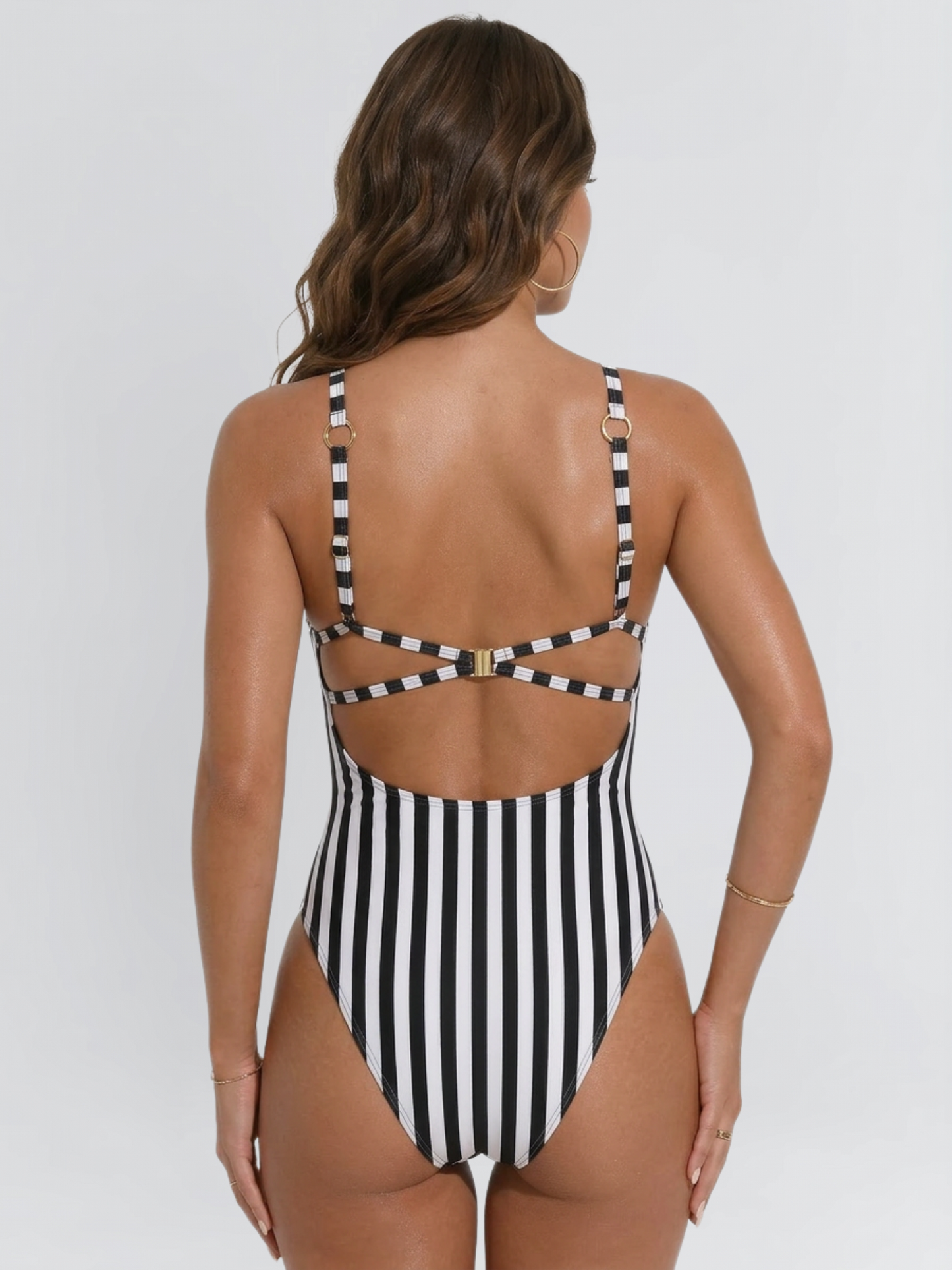 Black & White Striped High Neck One-Piece