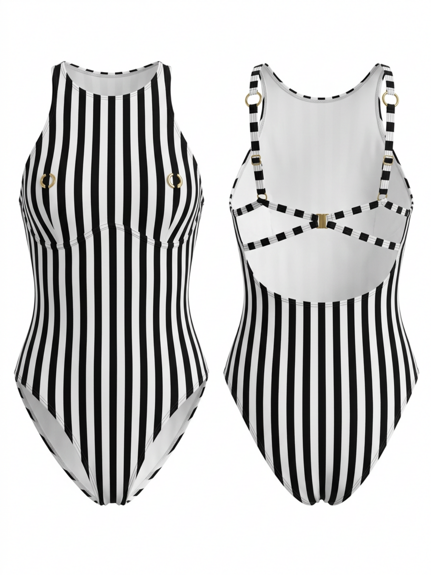Black & White Striped High Neck One-Piece