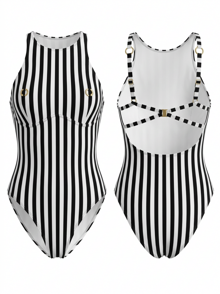 Black & White Striped High Neck One-Piece