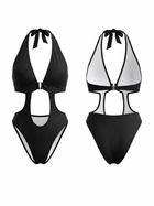 Black Halter Deep V Cutout One Piece