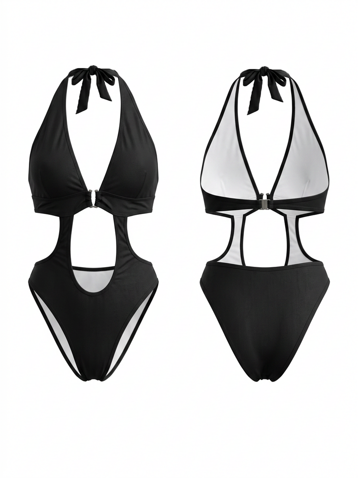 Black Halter Deep V Cutout One Piece