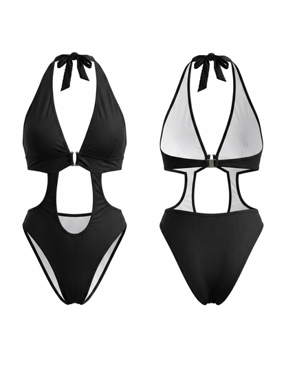 Black Halter Deep V Cutout One Piece