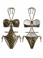 Metallic Shiny Leopard Cutout Gold Bead Halter One Piece