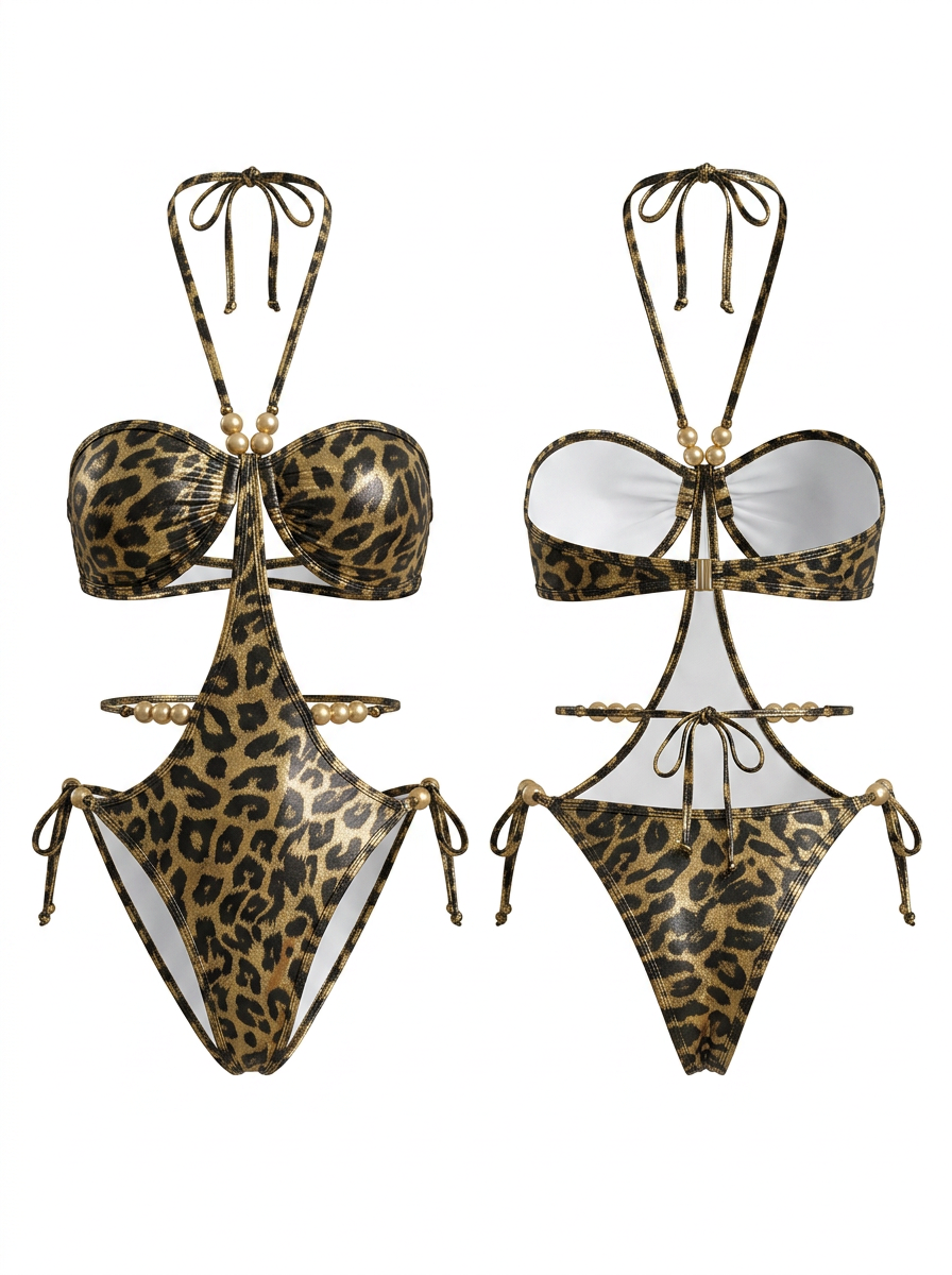 Metallic Shiny Leopard Cutout Gold Bead Halter One Piece