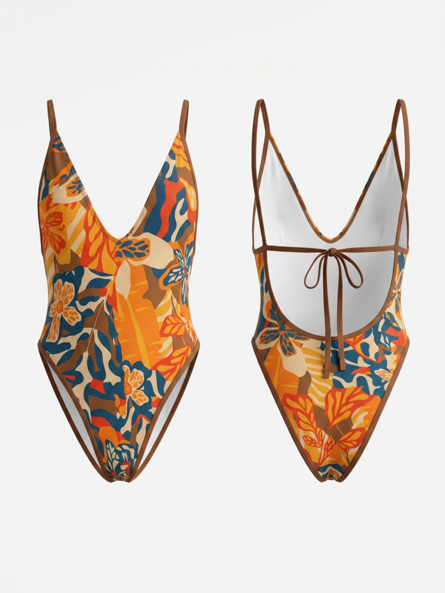 Vintage Tropical Leaf Print Brown Trim Back Tie High Cut One Piece