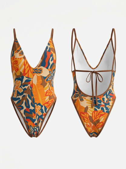 Vintage Tropical Leaf Print Brown Trim Back Tie High Cut One Piece