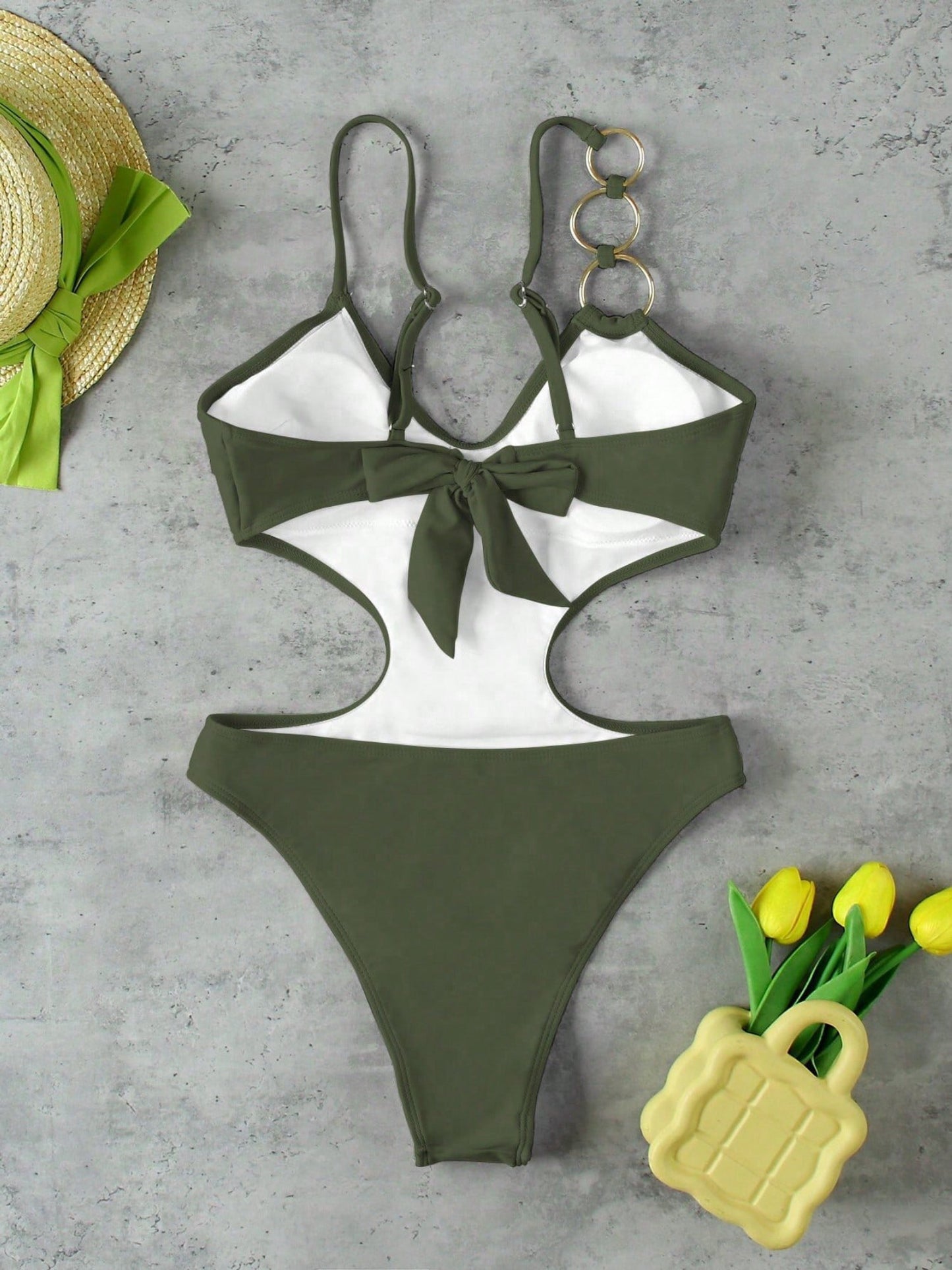 Army Green Triple O-Ring Side Cutout Deep V High Cut One Piece