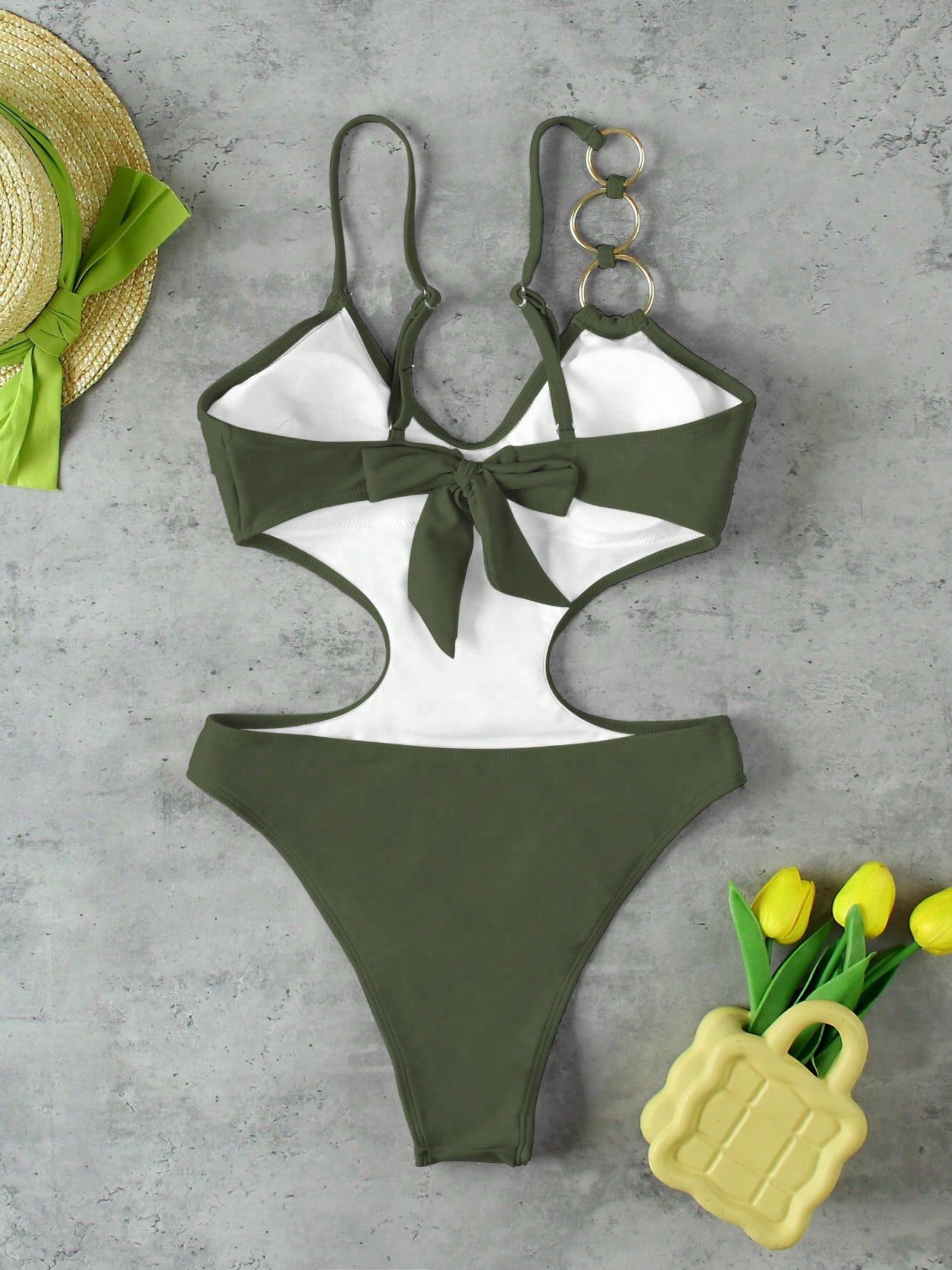 Army Green Triple O-Ring Side Cutout Deep V High Cut One Piece