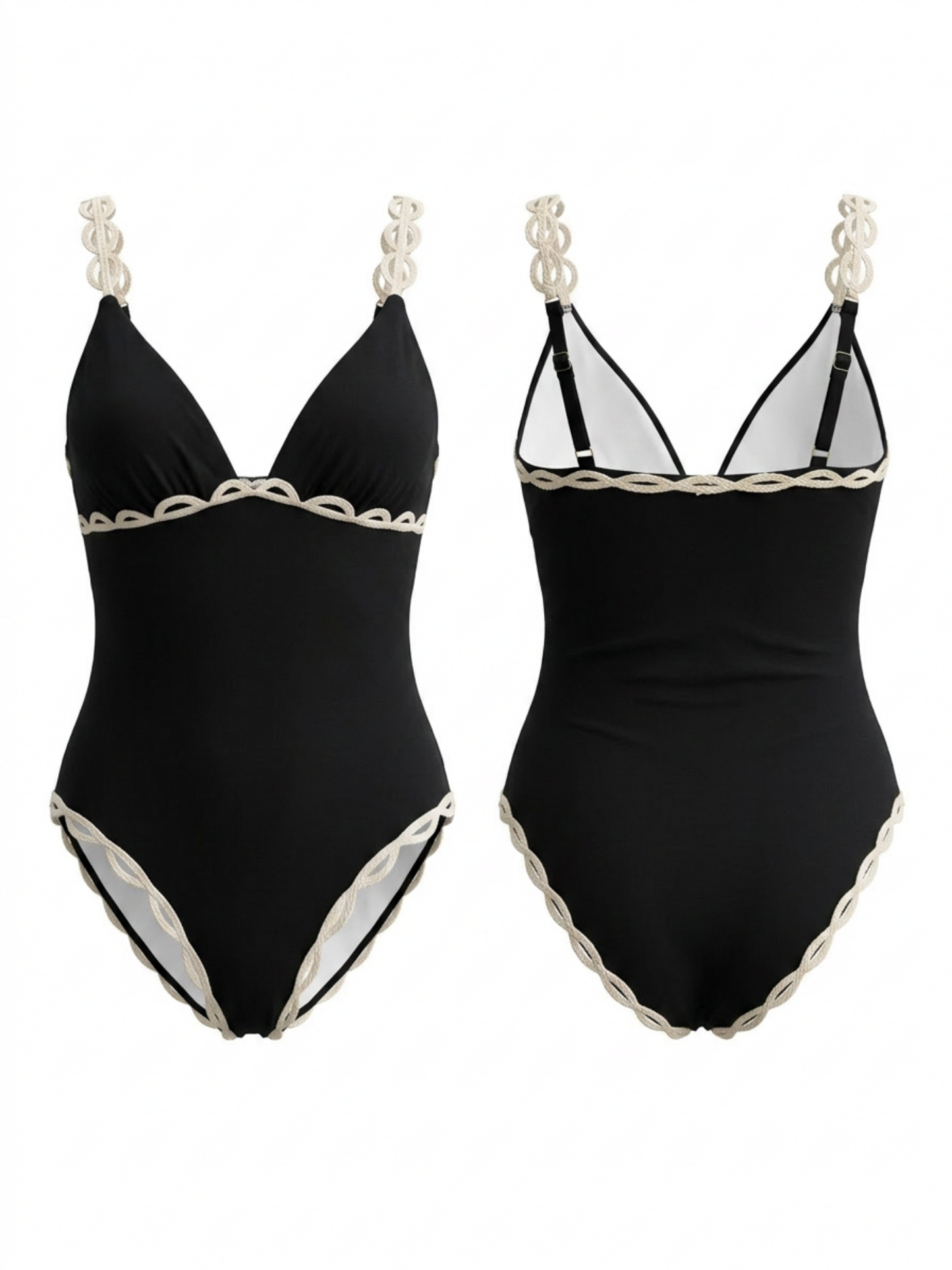 Black White Ring Strap Scallop Trim Deep V One Piece