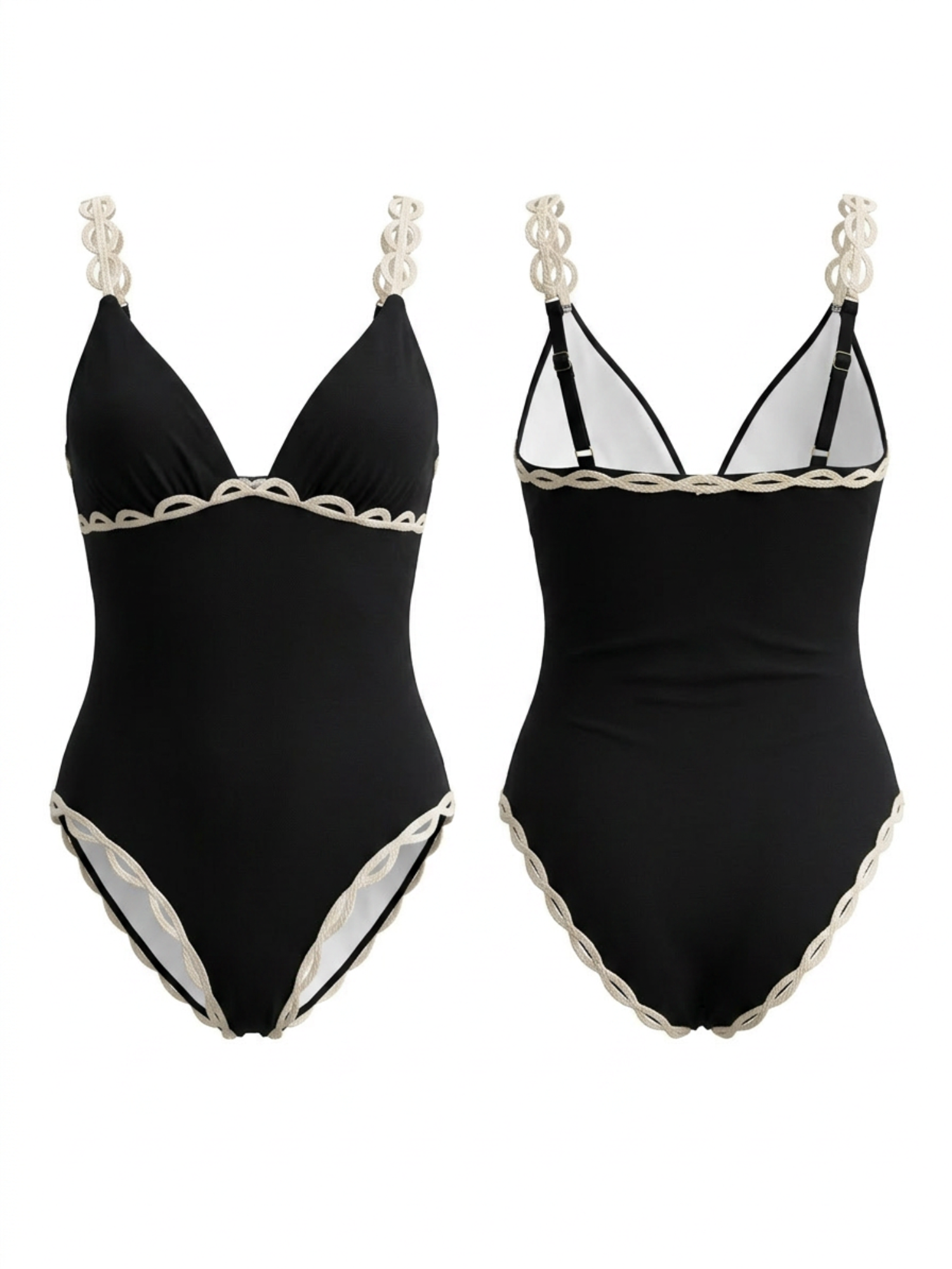 Black White Ring Strap Scallop Trim Deep V One Piece