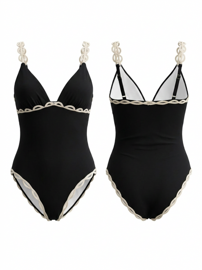 Black White Ring Strap Scallop Trim Deep V One Piece
