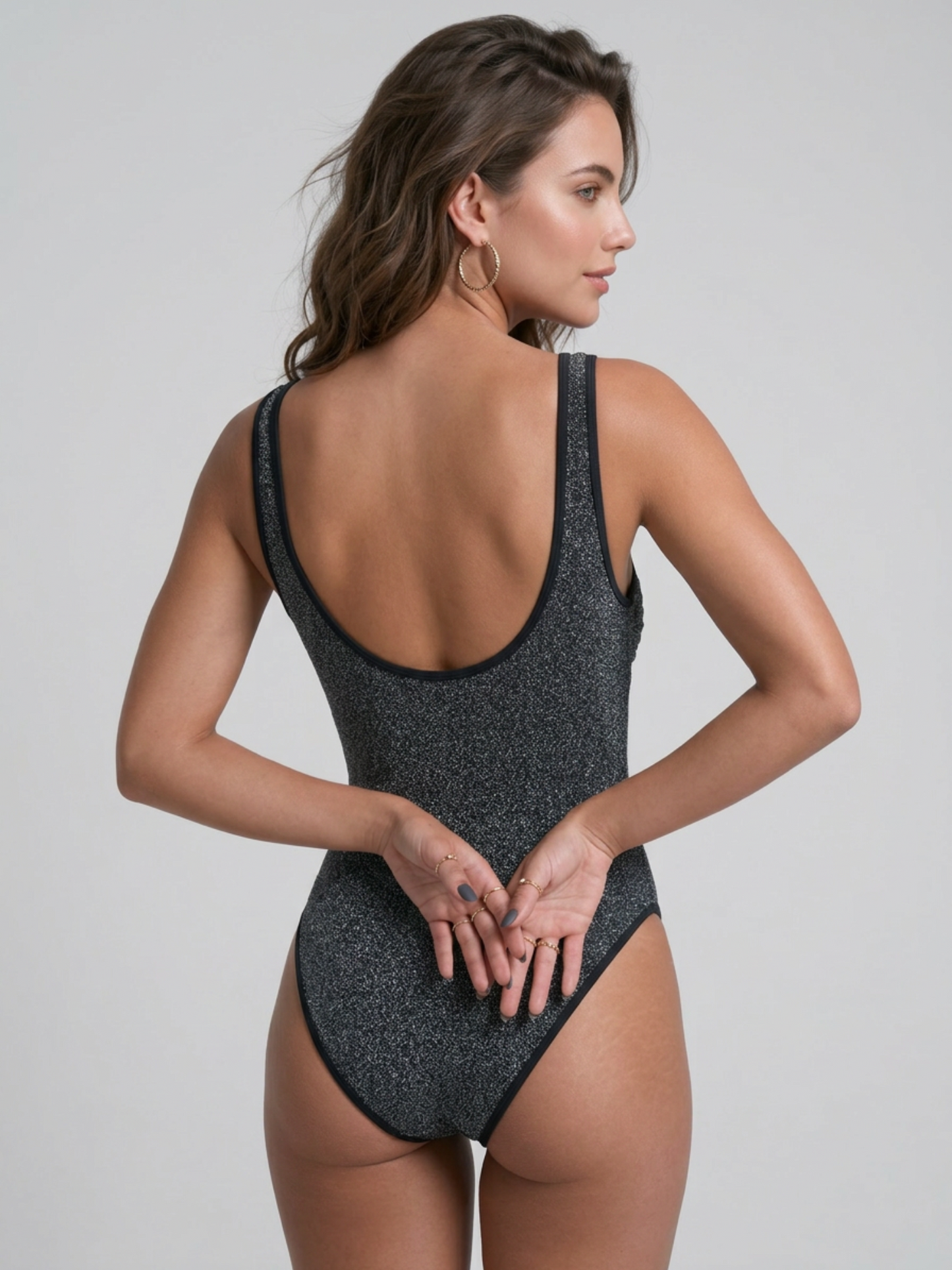 Silver Glitter Twist Front Deep V Tummy Control One Piece