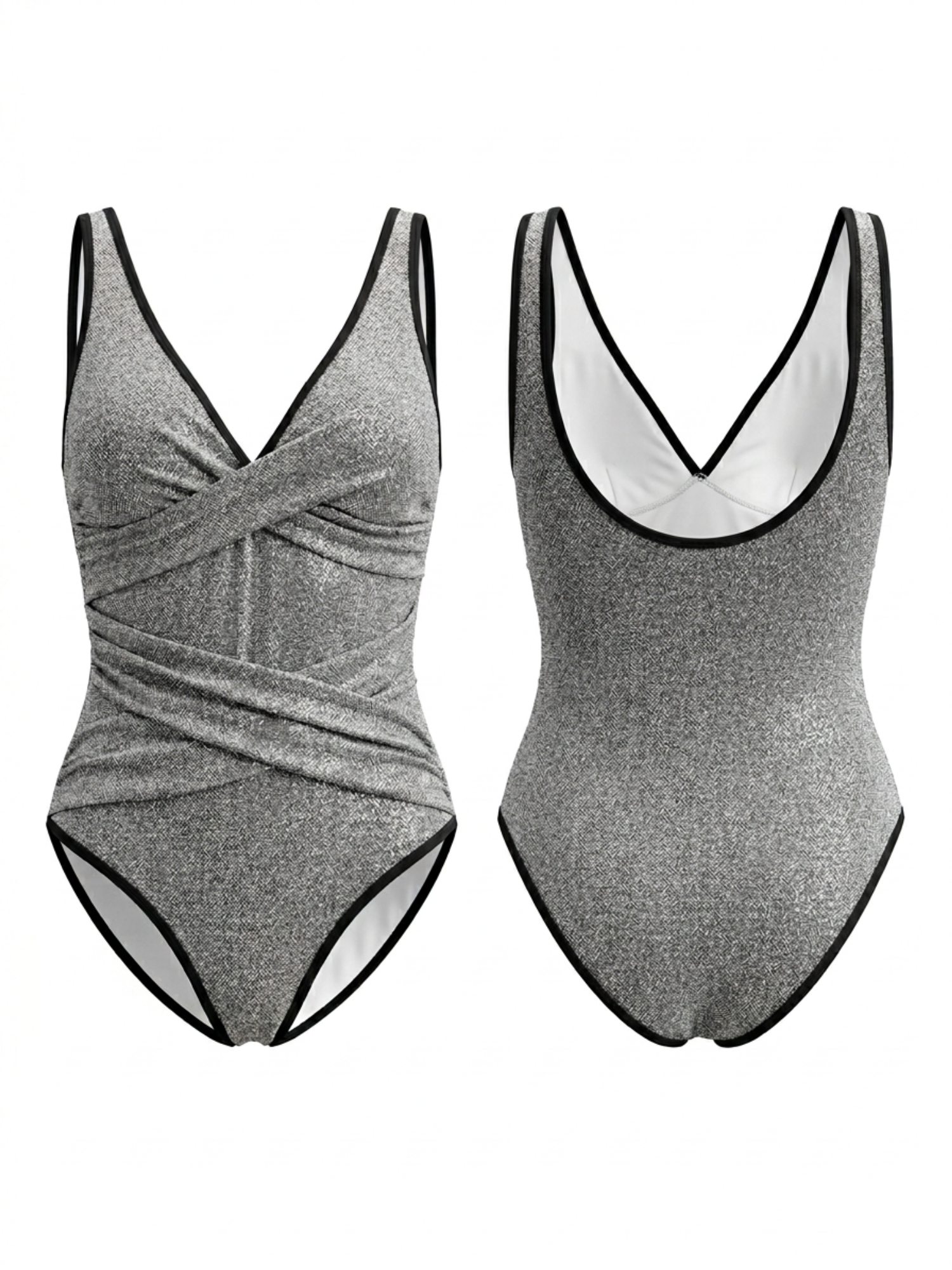 Silver Glitter Twist Front Deep V Tummy Control One Piece