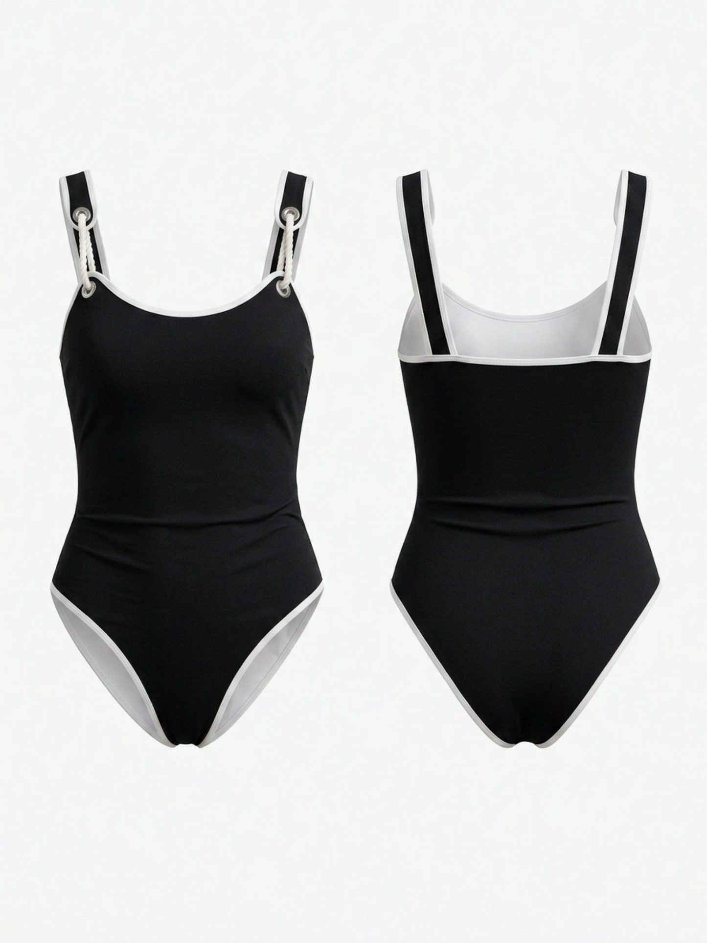 Black White Piping Adjustable Buckle Strap High Cut One Piece