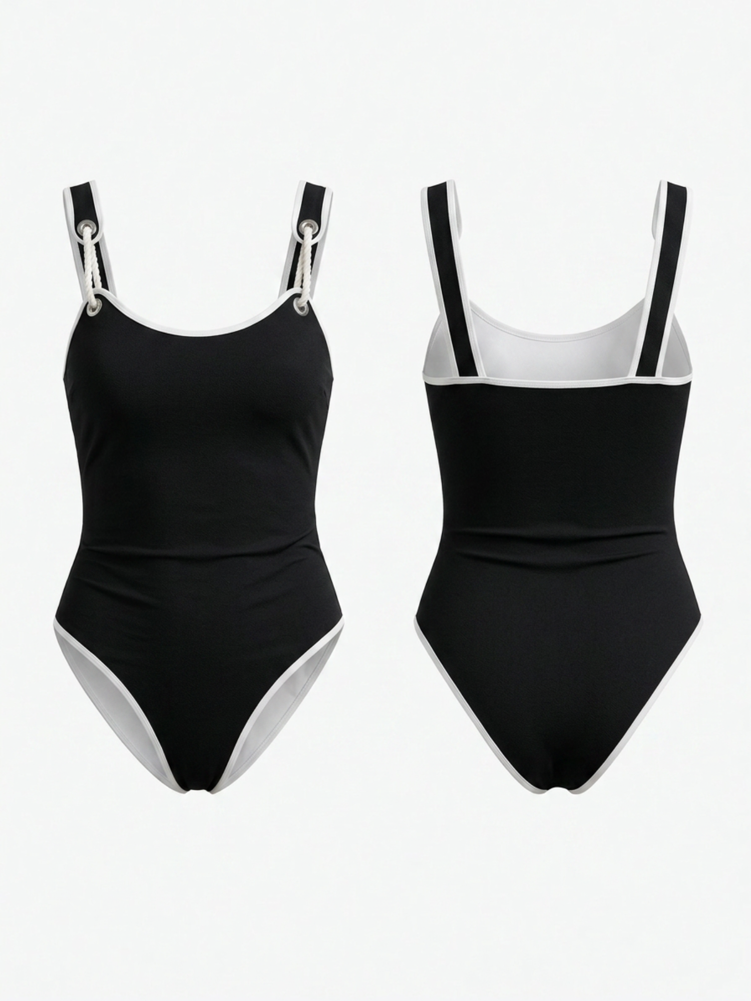 Black White Piping Adjustable Buckle Strap High Cut One Piece