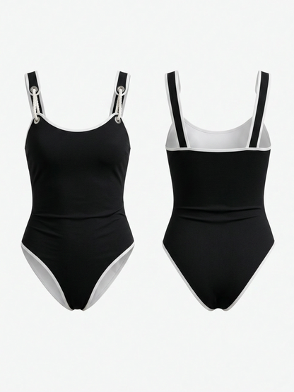 Black White Piping Adjustable Buckle Strap High Cut One Piece