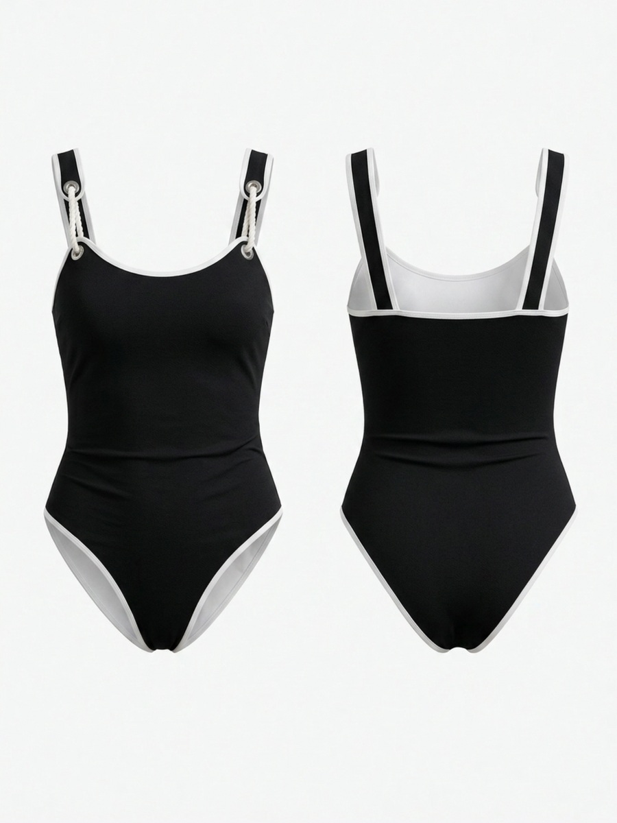 Black White Piping Adjustable Buckle Strap High Cut One Piece
