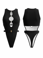 Black Hollow Out Belt High Cut One-Piece