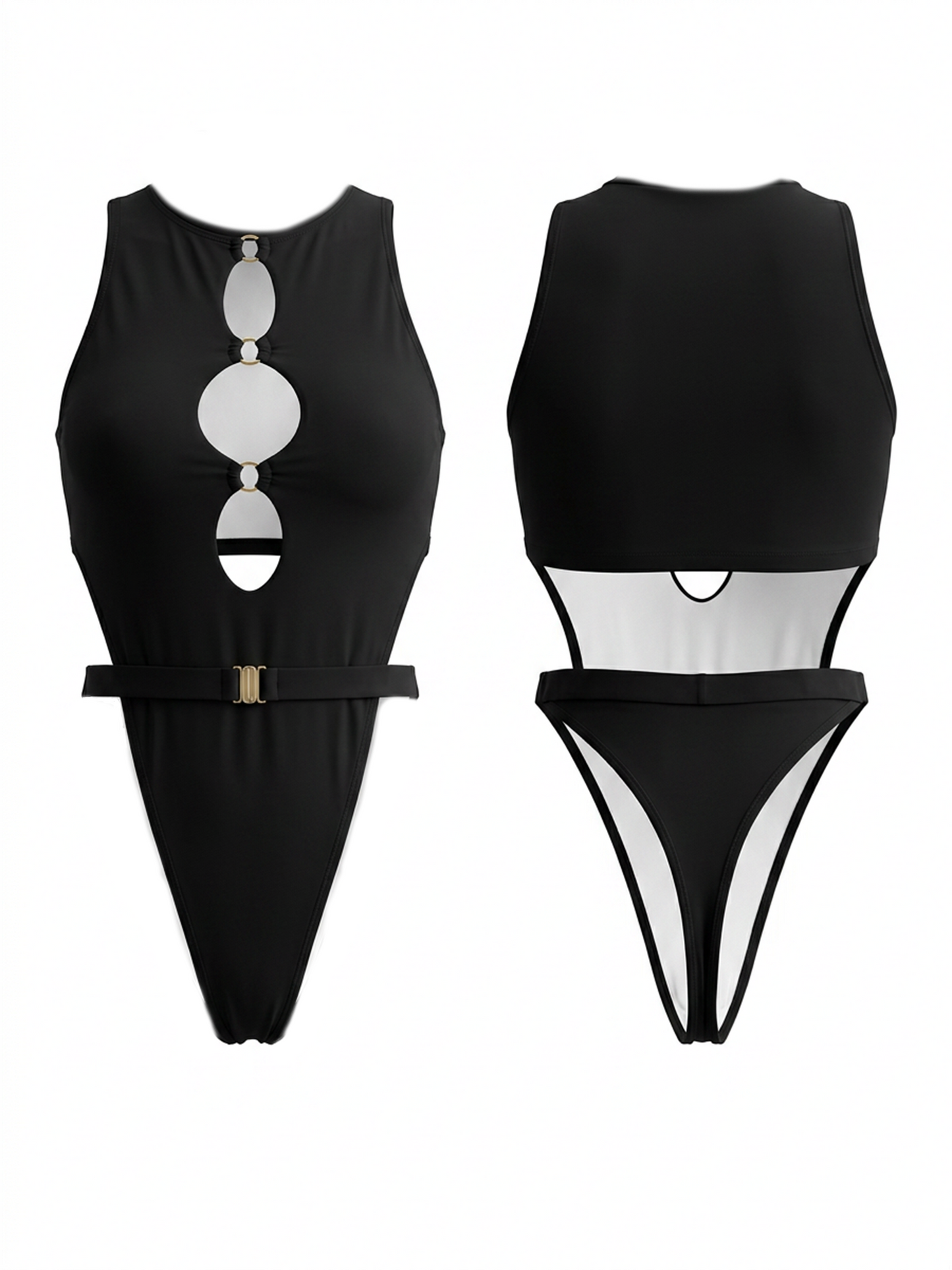 Black Hollow Out Belt High Cut One-Piece
