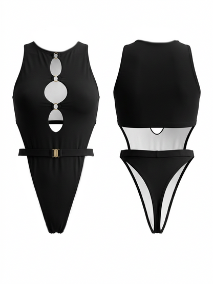 Black Hollow Out Belt High Cut One-Piece