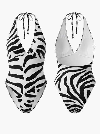 Zebra Print Halter Backless High Cut One Piece