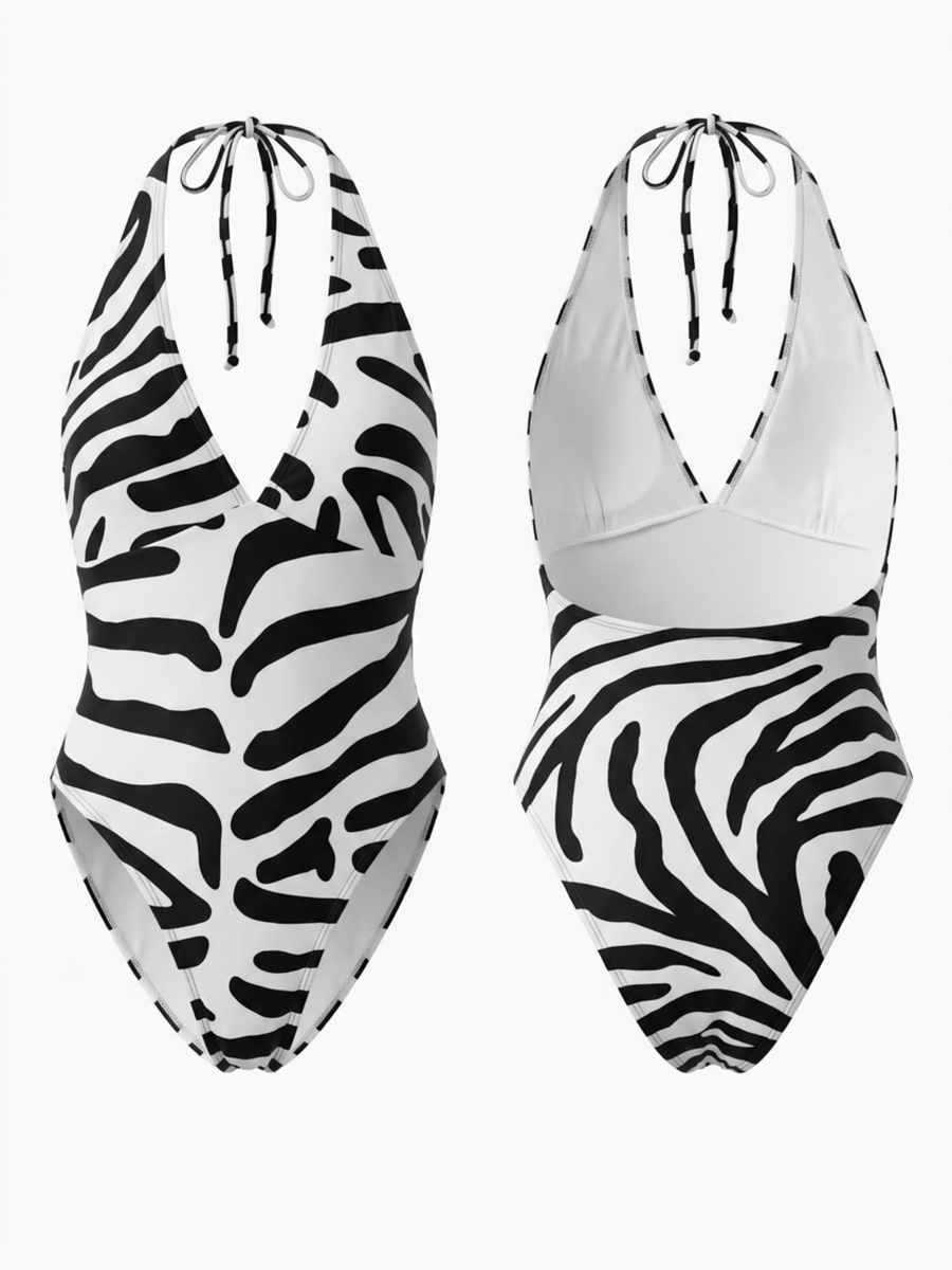Zebra Print Halter Backless High Cut One Piece