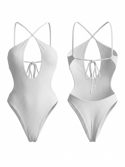 White Crisscross Deep Cutout One Piece