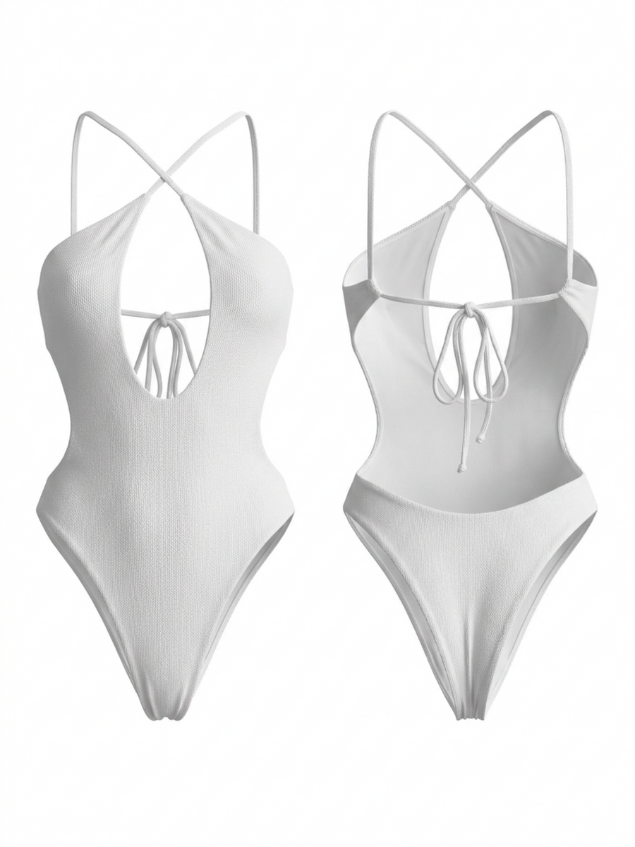 White Crisscross Deep Cutout One Piece