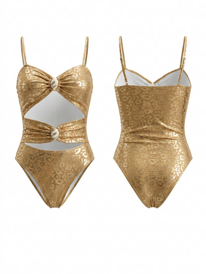 Metallic Gold Leopard Cutout One Piece