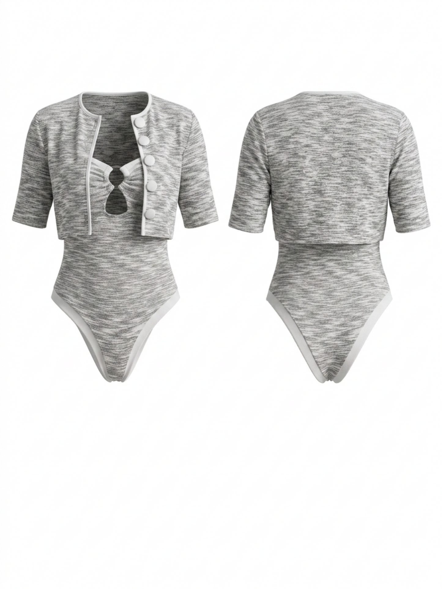 Marled Knit Cutout One Piece + Crop Cardigan 2 Piece Set