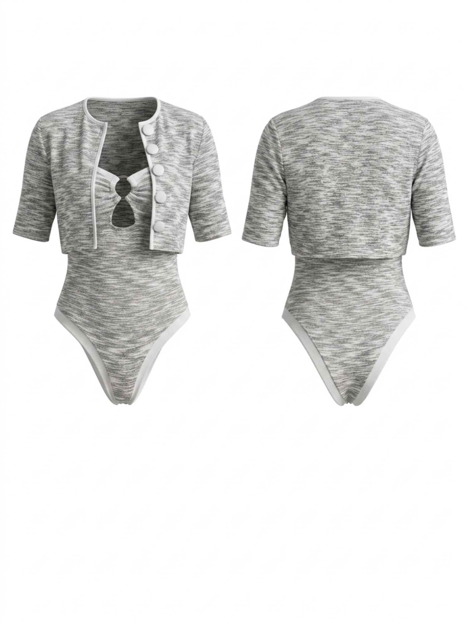Marled Knit Cutout One Piece + Crop Cardigan 2 Piece Set