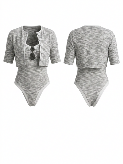 Marled Knit Cutout One Piece + Crop Cardigan 2 Piece Set