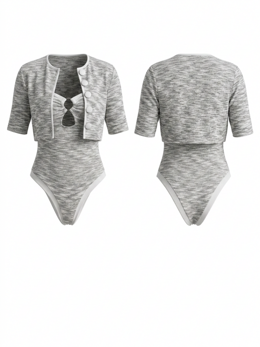 Marled Knit Cutout One Piece + Crop Cardigan 2 Piece Set