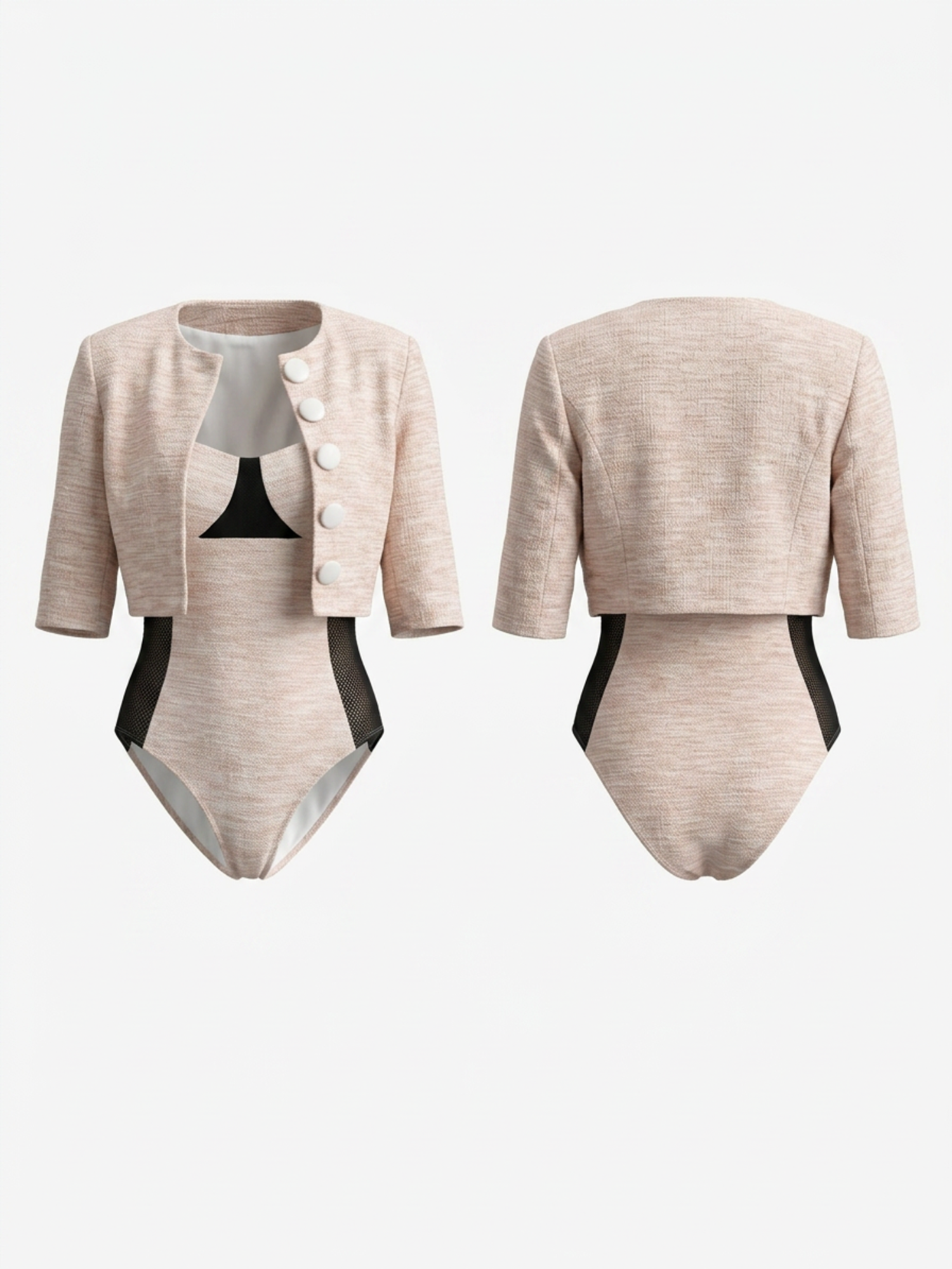 Color Block One Piece Swimsuit + Button Crop Cardigan 2 Piece Set