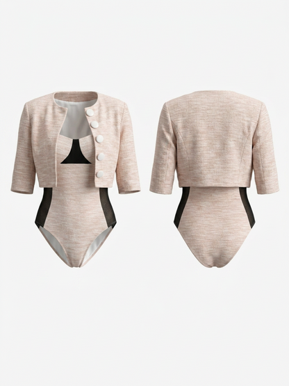 Color Block One Piece Swimsuit + Button Crop Cardigan 2 Piece Set
