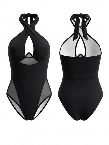 Crisscross Halter Mesh Cutout One Piece Swimsuit