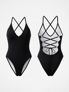 V-Neck Halter Lace-Up Back One Piece Swimsuit