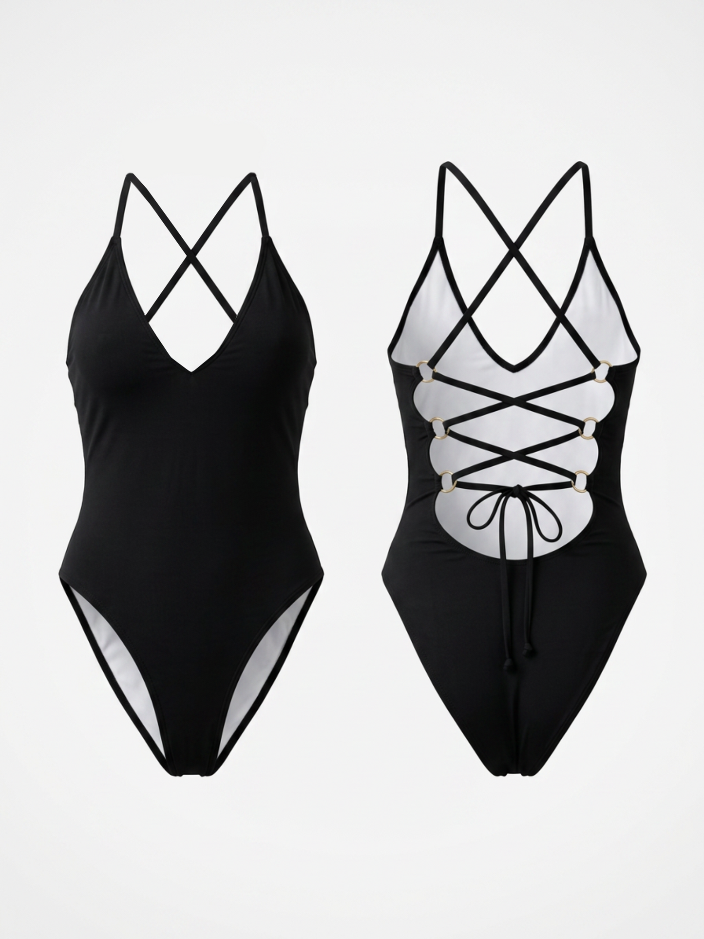 V-Neck Halter Lace-Up Back One Piece Swimsuit