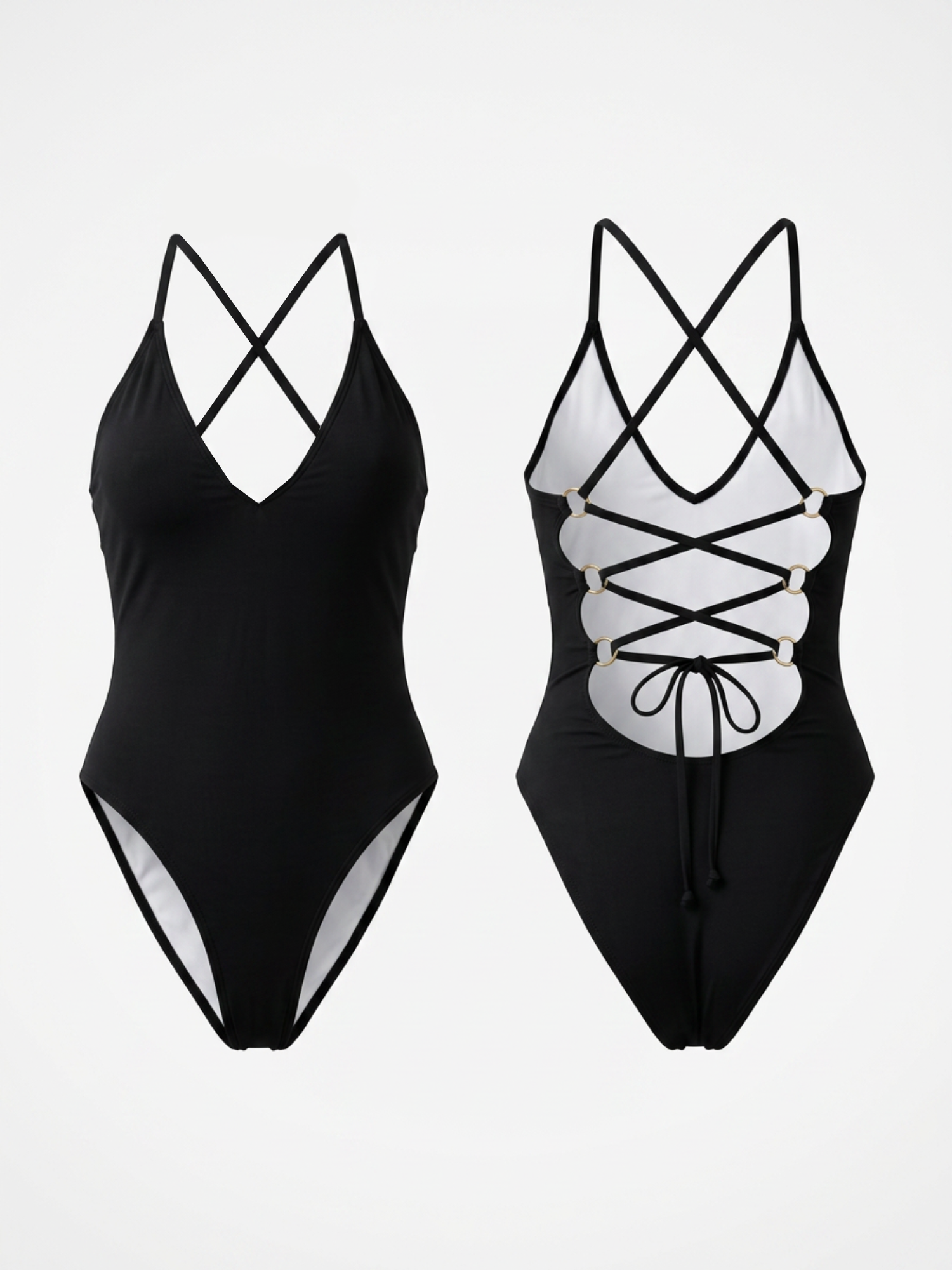 V-Neck Halter Lace-Up Back One Piece Swimsuit
