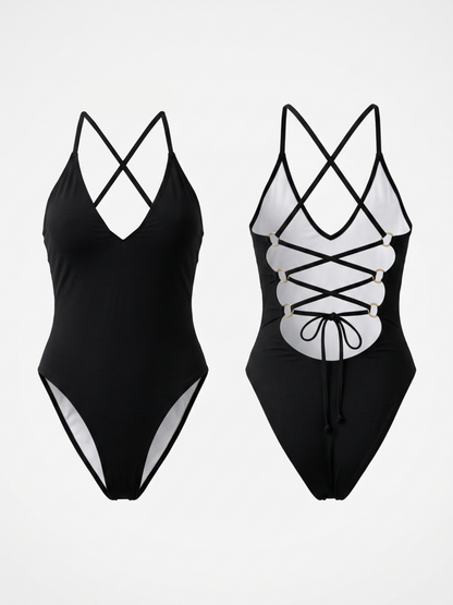 V-Neck Halter Lace-Up Back One Piece Swimsuit