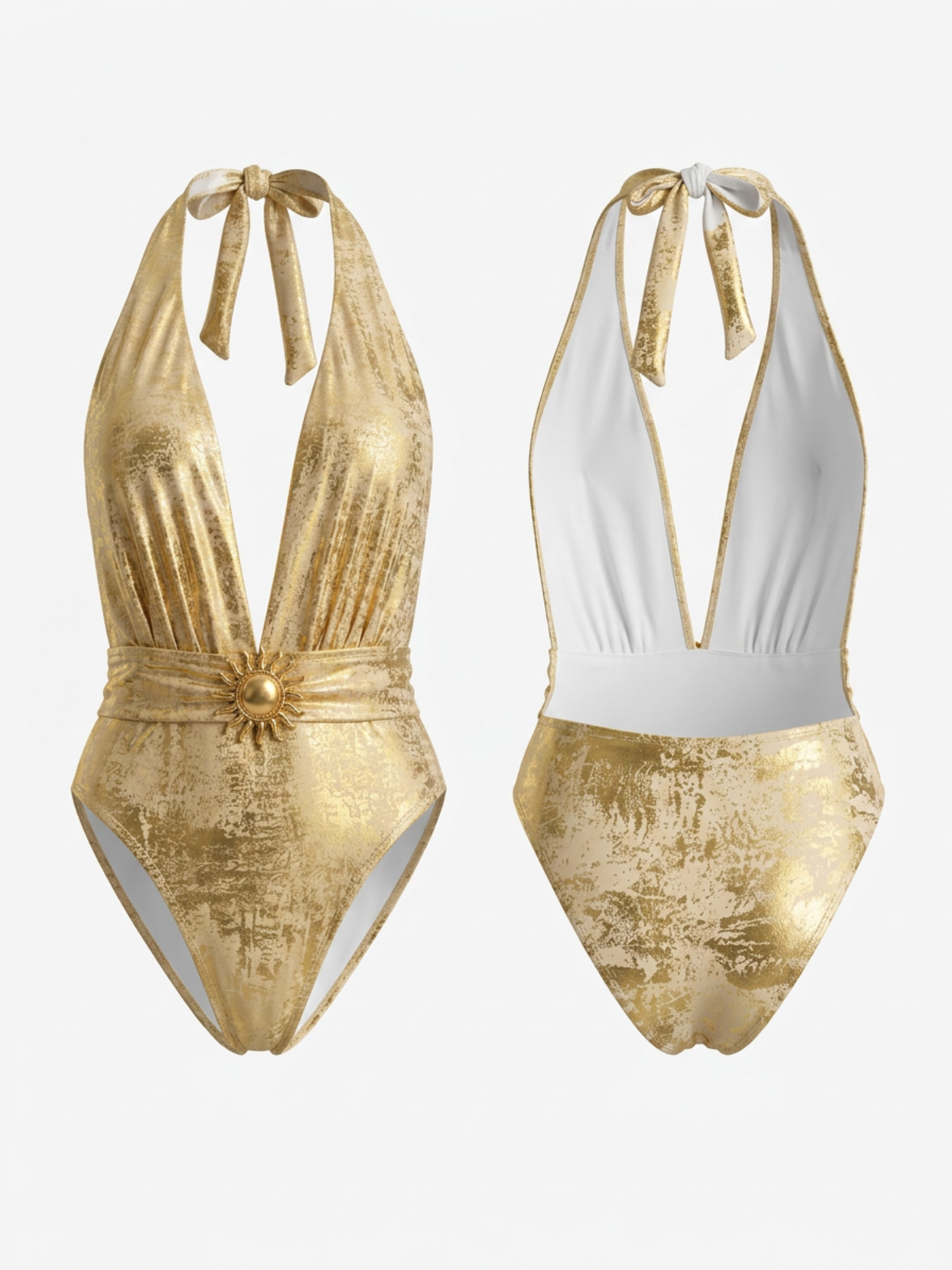 Metallic Gold Deep V Sun Buckle One Piece