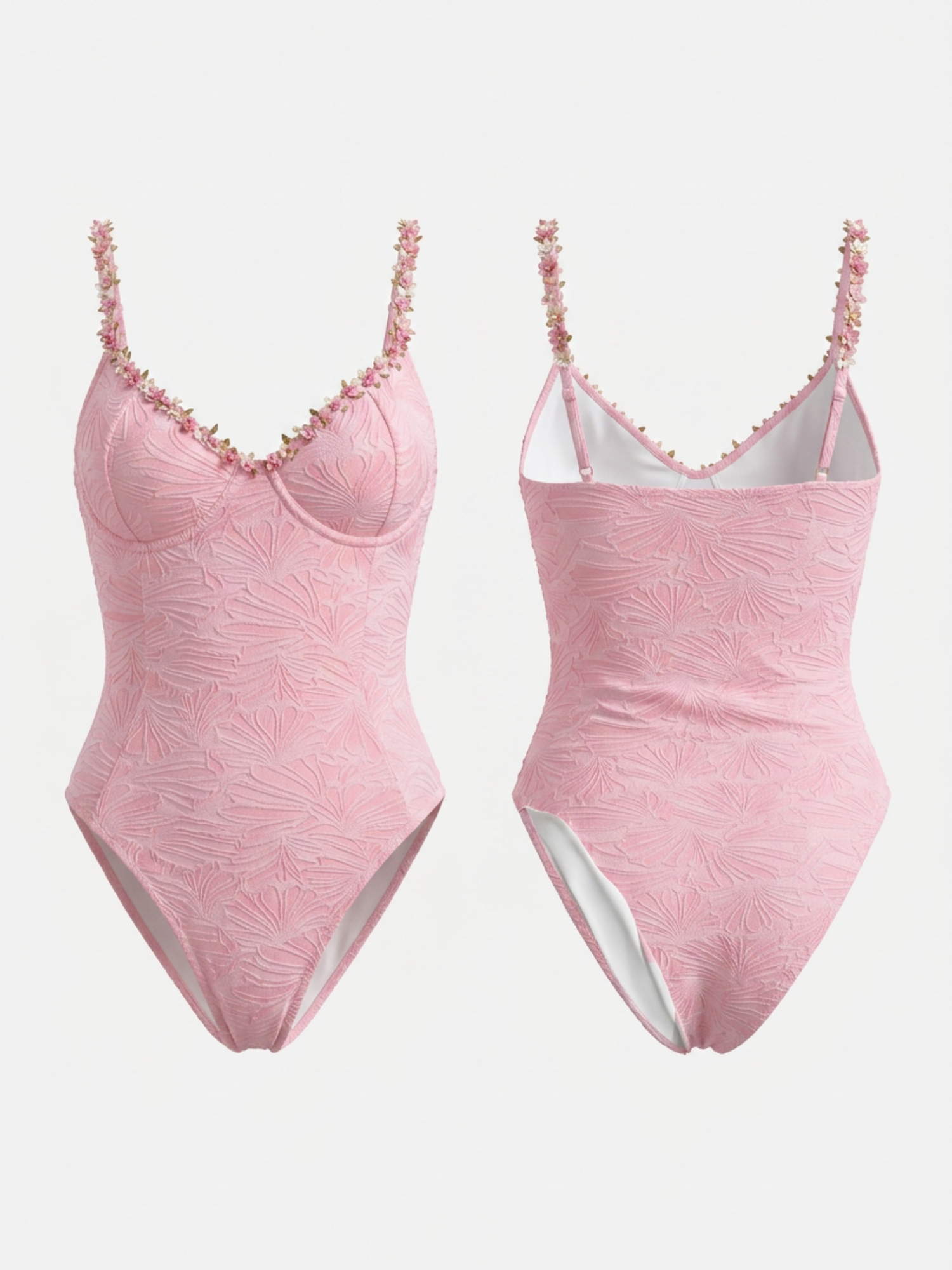 Pink Textured Floral Trim Underwire One Piece