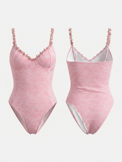 Pink Textured Floral Trim Underwire One Piece
