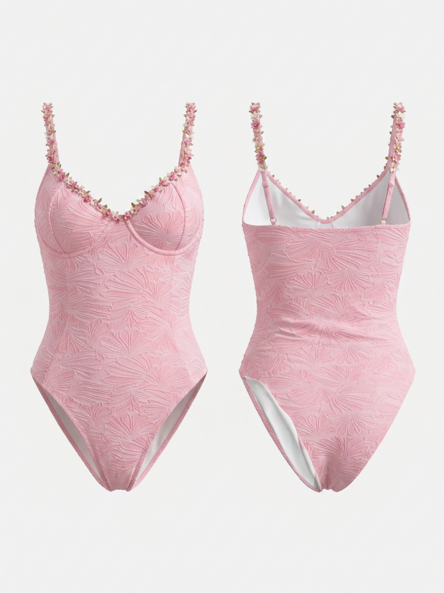 Pink Textured Floral Trim Underwire One Piece