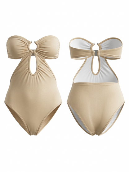 Strapless O Ring Cutout Ruched One Piece