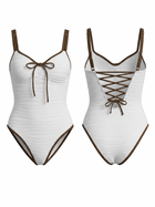 Brown Contrast Trim Front Bow Textured One Piece