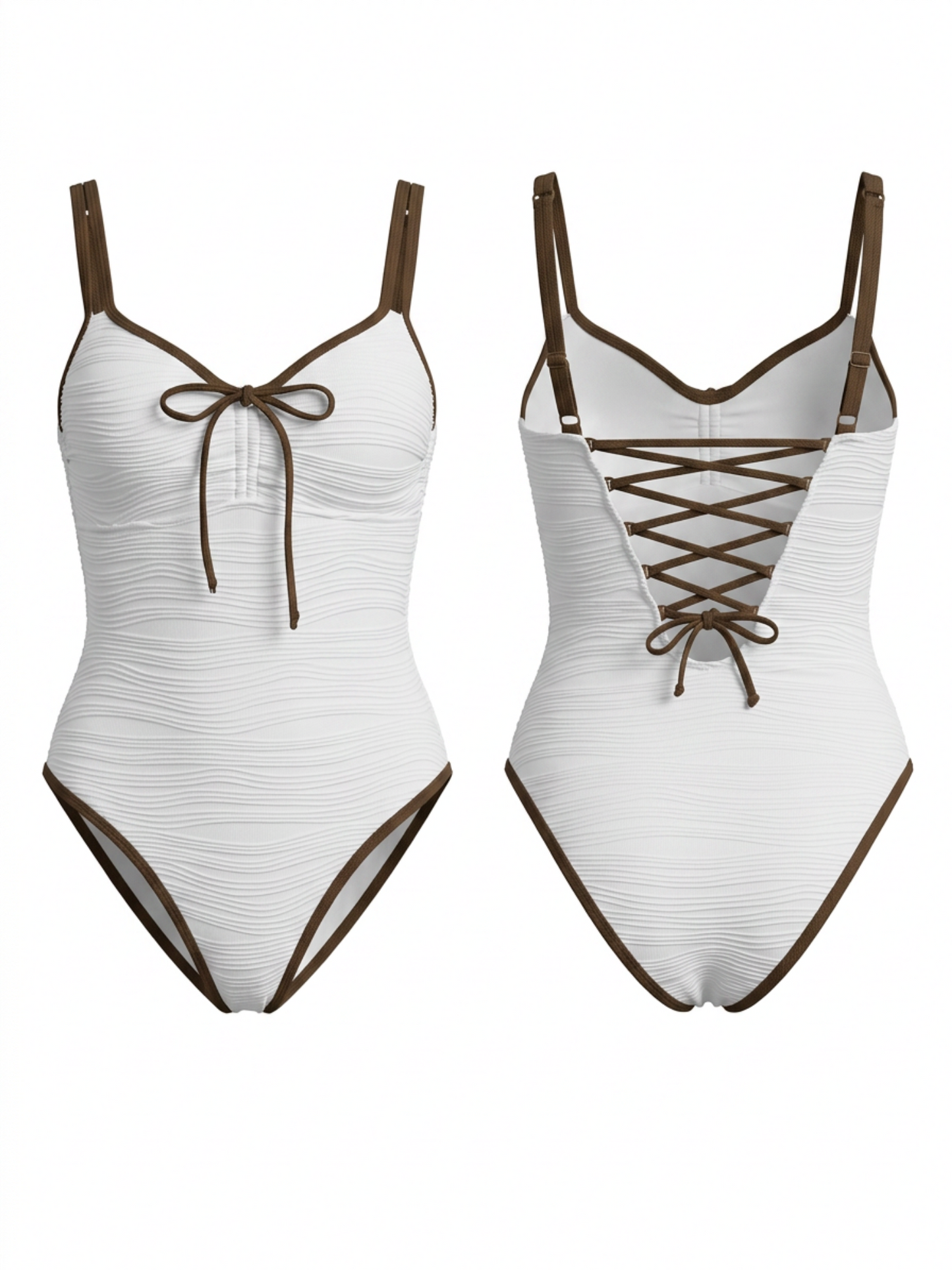 Brown Contrast Trim Front Bow Textured One Piece