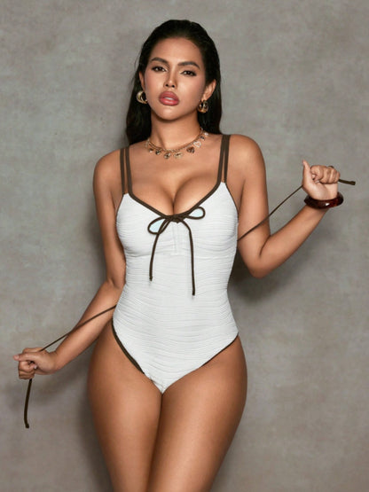 Brown Contrast Trim Front Bow Textured One Piece